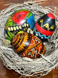 Set Of Three Hand Painted Wooded Eggs Lot #1