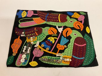 Bright Hand Embroidered  Textile Panel Of Three Colorful Birds