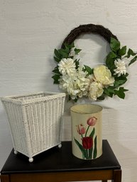 Vintage Painted Metal Trash Can, Wicker Trash Bin And White Flower Wreath