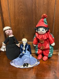 Trio Of Vintage Dolls /Crochet Porcelain And The Clown