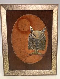 Mid Century Brass Owl On Felted Wood With Classic Frame About 11x13