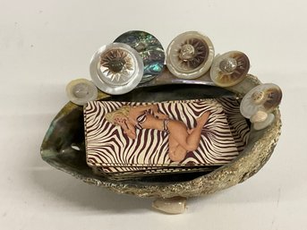 Colorful Oyster Shell Bedazzled With Vintage Buttons And Some Vintage Playing Cards