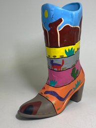 Signed Original Painted Boot Vase About 12 Inches Tall