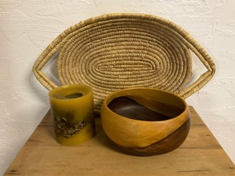 Lovely Turned Wood Bowl With Accent Basket And Candle
