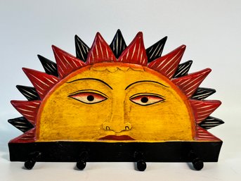 Wood Painted Sun Wall Art With Hooks
