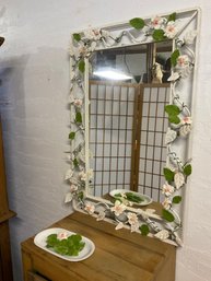Large Mid Century Italian Floral Tole Metal Leaf And Flower Mirror 30.5x18.5 Inches