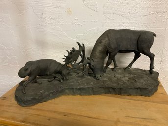 Signed Original Sculpting Of Stag And Wolf About 17x7 Inches And Heavy
