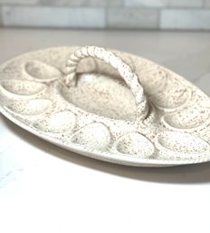 Mid Century Modern Deviled Egg Serving Platter With Speckled Glaze And Carrier Handle