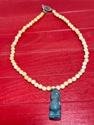 Vintage Made Tusk Beads With Carved Stone Pendant