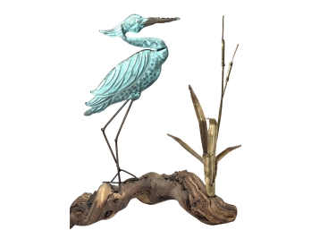 Bertocchi Signed MCM Crane/Heron Sculpture With Cattails On Driftwood Base #1