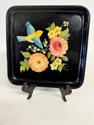 Lovely 13 Inch Hand Painted Toleware Bird And Florals Tin Serving Tray