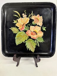 13 Inch Vintage Tin Hand Painted Toleware Black With Floral #3