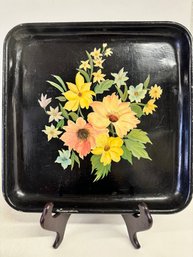 Vintage Toleware Black With Floral Tin Serving Tray #2