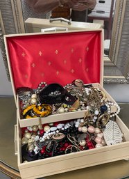 Vintage Jewelry Box W/ Res Satin Lining And Tons Of Costume Jewelry