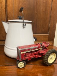 Large Enamel Kettle And Cute Old Metal Tractor