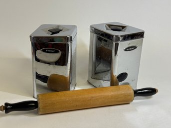 Pair Of Vintage Canette Kitchen Canisters And Wooden Rolling Pin