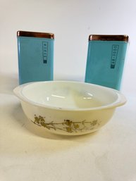 Vintage Aqua And Copper Kitchen Canisters And Pyrex Bowl