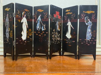 Six Panel Vintage Wooden Vietnamese(? Table Screen With Lacquer And Inlay Decore Very Nice About 10inches Tall