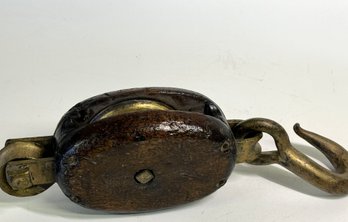 Antique Maritime Wood & Brass Pulley