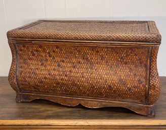 Nice Looking Woven Rattan Storage Bench With Lid And Curved Wood Base.