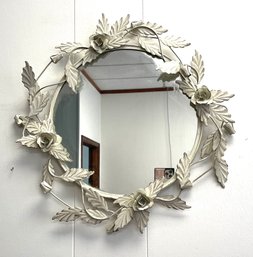 Lovely  Vintage Italian Tole Mirror With Metal Leaves And Buds In Antique White