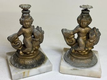 Pair Of Vintage Metal Cherubs With Stone Bases Need New Lives