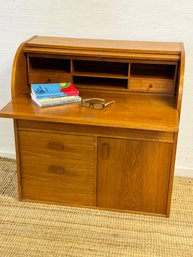 Made In Sweden Teak Compact Roll Top And Pull Out Desk Storage Cabinet
