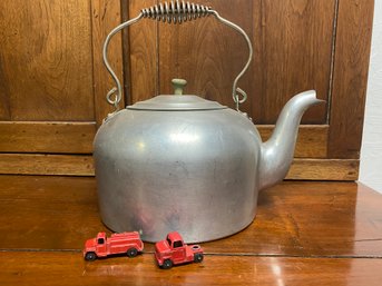 Large Wearever Vintage Kettle With Two Tiny Metal Toy Trucks