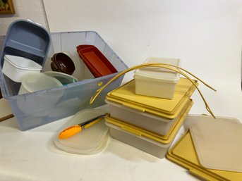 Vintage Tupperware Containers And Tub Of Misc Tupperware Pieces