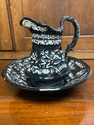 Vintage Black Glazed Ceramic Tavern Pitcher And Bowl