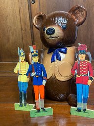 Vintage Kraft T Bear Cookie Jar And Paper Toy Soldiers As Is