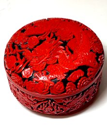 Amazing Vtg Chinese Cinnabar/lacquerware Lidded Trinket Box W/ Dragon Motif