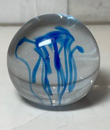 Cobalt Blue Hand Blown Art Glass Paperweight, Jellyfish Motif (?)