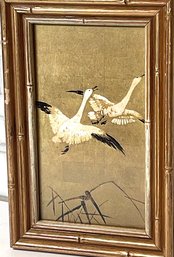 Vintage Japanese Wild Geese Gold Leaf  Wall Art In Bamboo Motif Frame