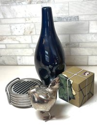 Table Top Quad, Blk Vase, Interdesign Coaster Set, Funky Lidded Box And A Silver Chick!