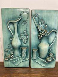 Mid Century Modern Turquoise Wall Plaques, A Pair.  21 High X 9 Each