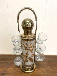 Mid Century Modern Gold Leaf Liquor Pump With Glasses.