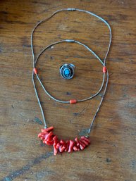 Sweet Pair Of Vintage Silver And Coral Necklaces And Artisan Turquoise Ring