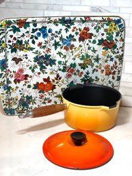 VTG Le Creuset Colorful Enamelware Pan With Fabulous Floral Tin Tray