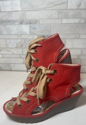 FLY LONDON Red Suede Wedge Sandals, Grey Stylish Brand With Comfort.  Size 37