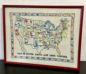 Fabulous Framed Sampler Embroidered Map Of The United States & State Flowers 23 X 17.5