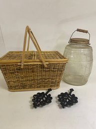 Vintage Large Pickle Jar Lined Picnic Basket And Two Iron Trivets