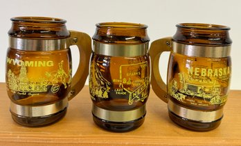 Vintage Souvenir Glass Mugs With Wood Handles