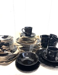 Fabulous  Set Of Stoneware Dishes:  Full Set Of Eight  Black Stoneware From Japan