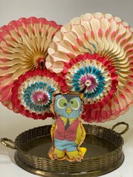 Old Cloth Toy Owl With Some Very Vintage Paper Pop Up Fans