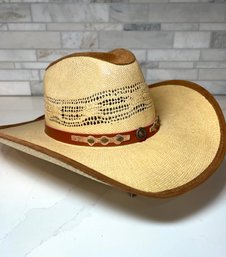 Fabulous Western Straw Hat With Suede Trim On Brim And Top.  La Sierra, West Hats SZ M