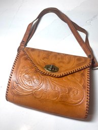 Tooled Leather Purse.  Leather Stitching And Brass Hardware /clasp