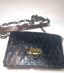 Braciano Tooled Metallic Leather Cross Body Purse With Antique Brass Chain.