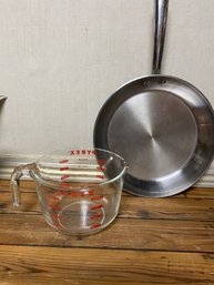 Induction Top Stainless TFal Frying Pan And XL Pyrex 2qt. Measuring Cup