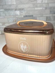 Mid Century Modern Cake Carrier, Copper Top And Base W/ Pink Ribbed Sides